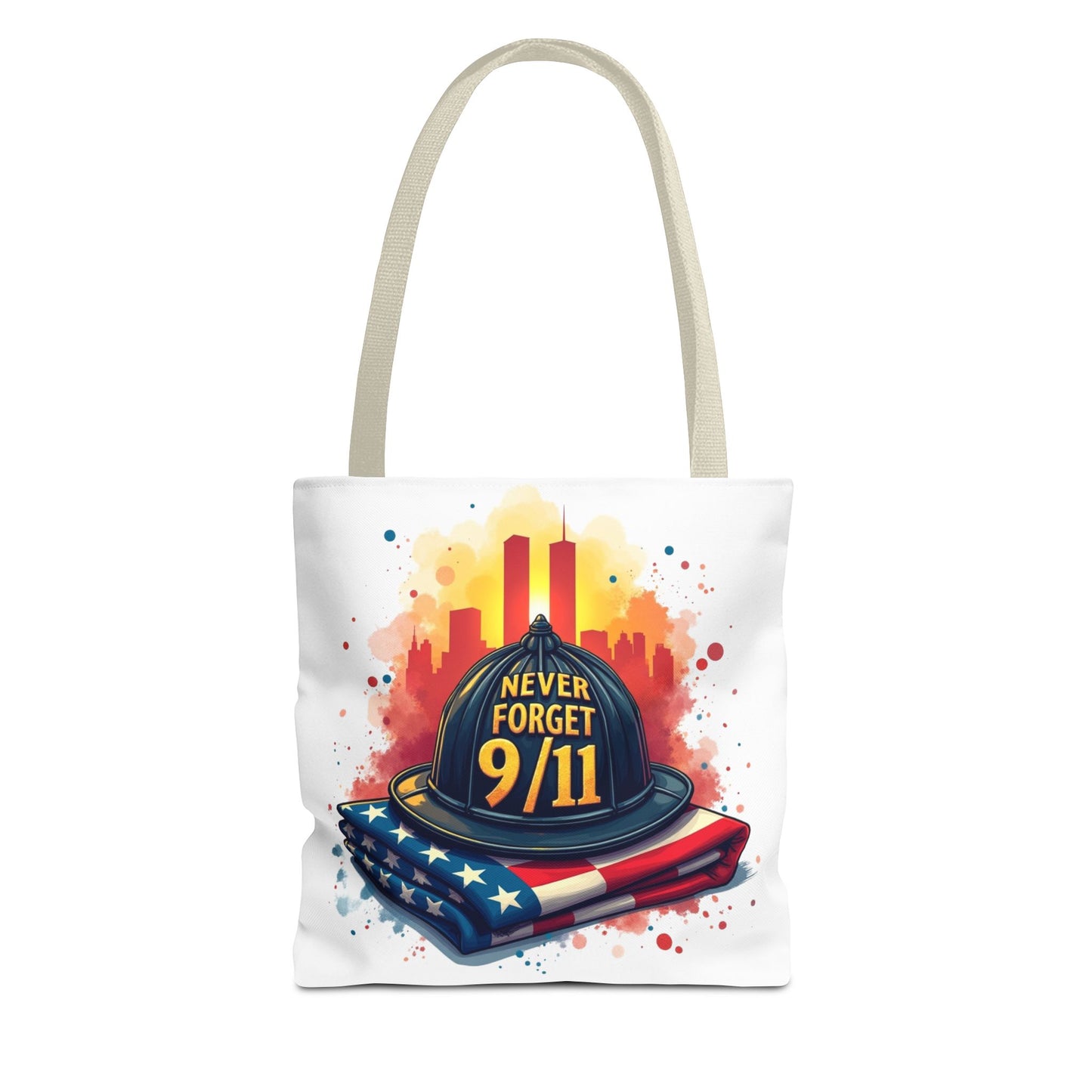Never Forget 9/11 Memorial Tote Bag — Firefighter Helmet & Flag Tribute