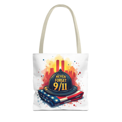 Never Forget 9/11 Memorial Tote Bag — Firefighter Helmet & Flag Tribute