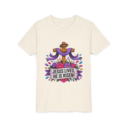 Youth Tee — "Jesus Lives, He Is Risen!" Easter Christian Tee