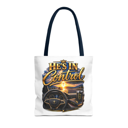 He's In Control Christian Tote Bag — Faith-Inspired Inspirational Grocery & Daily Carry AOP