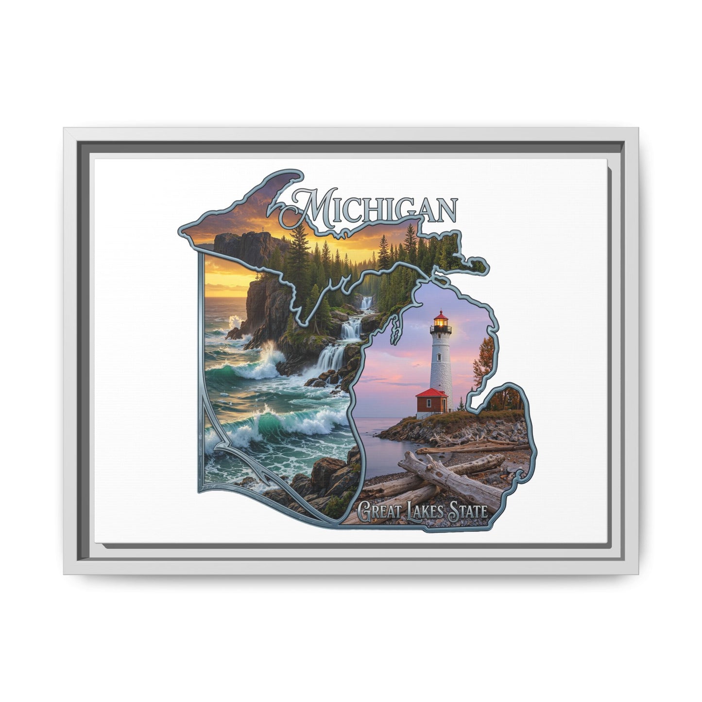 Michigan Framed Canvas Wall Art — Great Lakes State Lighthouse & Shoreline Print