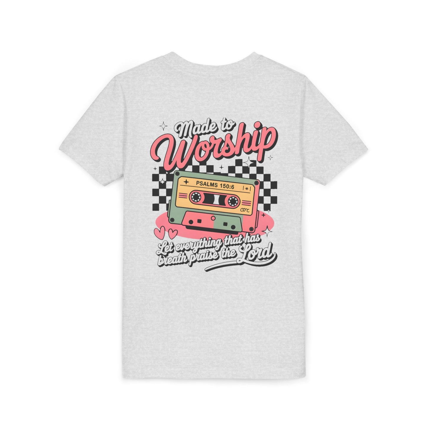 Made to Worship Youth Tee – Retro Cassette Christian Kids Shirt (Psalms 100:4)