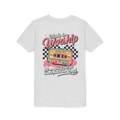 Made to Worship Youth Tee – Retro Cassette Christian Kids Shirt (Psalms 100:4)