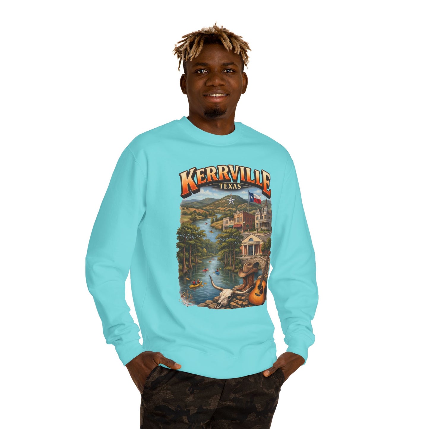 Kerrville Texas Scenic Crewneck Sweatshirt — Riverfront Guitar Vintage Design