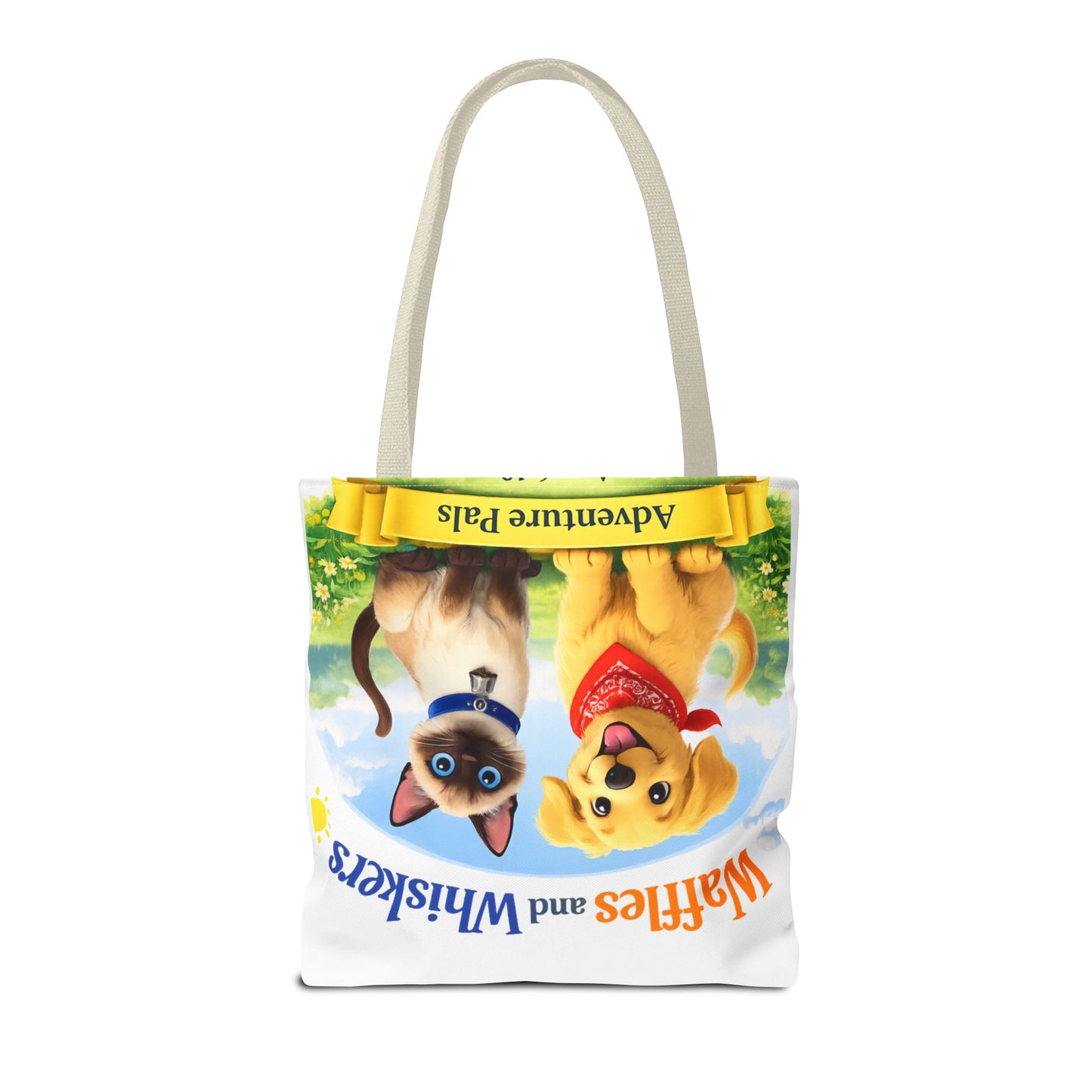 Waffles & Whiskers Adventure Pals Tote Bag — Cute Puppy and Kitten Kids Book Design