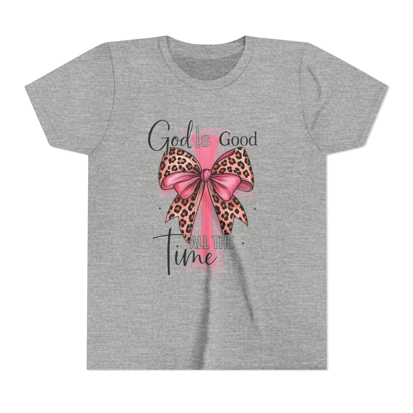 Youth Tee — "God is Good All the Time" Pink Cross with Leopard Bow