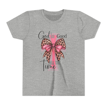 Youth Tee — "God is Good All the Time" Pink Cross with Leopard Bow
