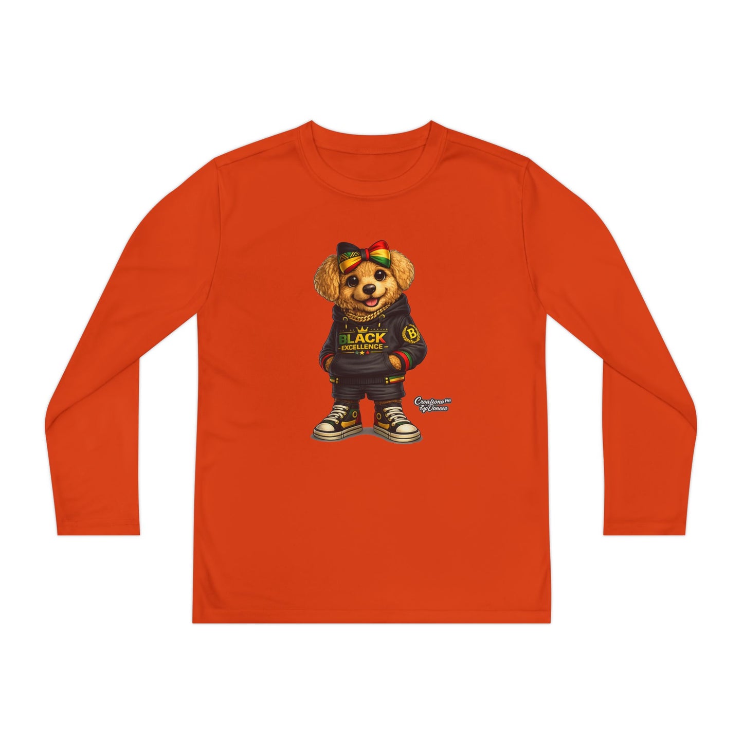Youth Long Sleeve Tee — Trendy Bear Graphic "Black Excellence"