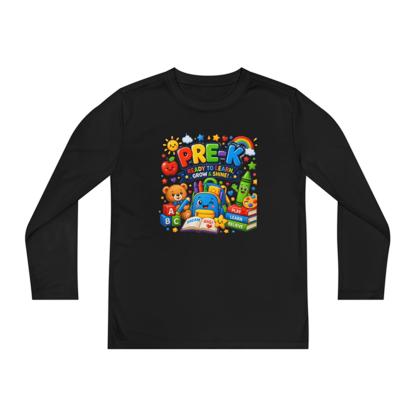 PRE-K Kids Long Sleeve Tee — Back-to-School Preschool Shirt ("Ready to Learn, Grow & Shine")