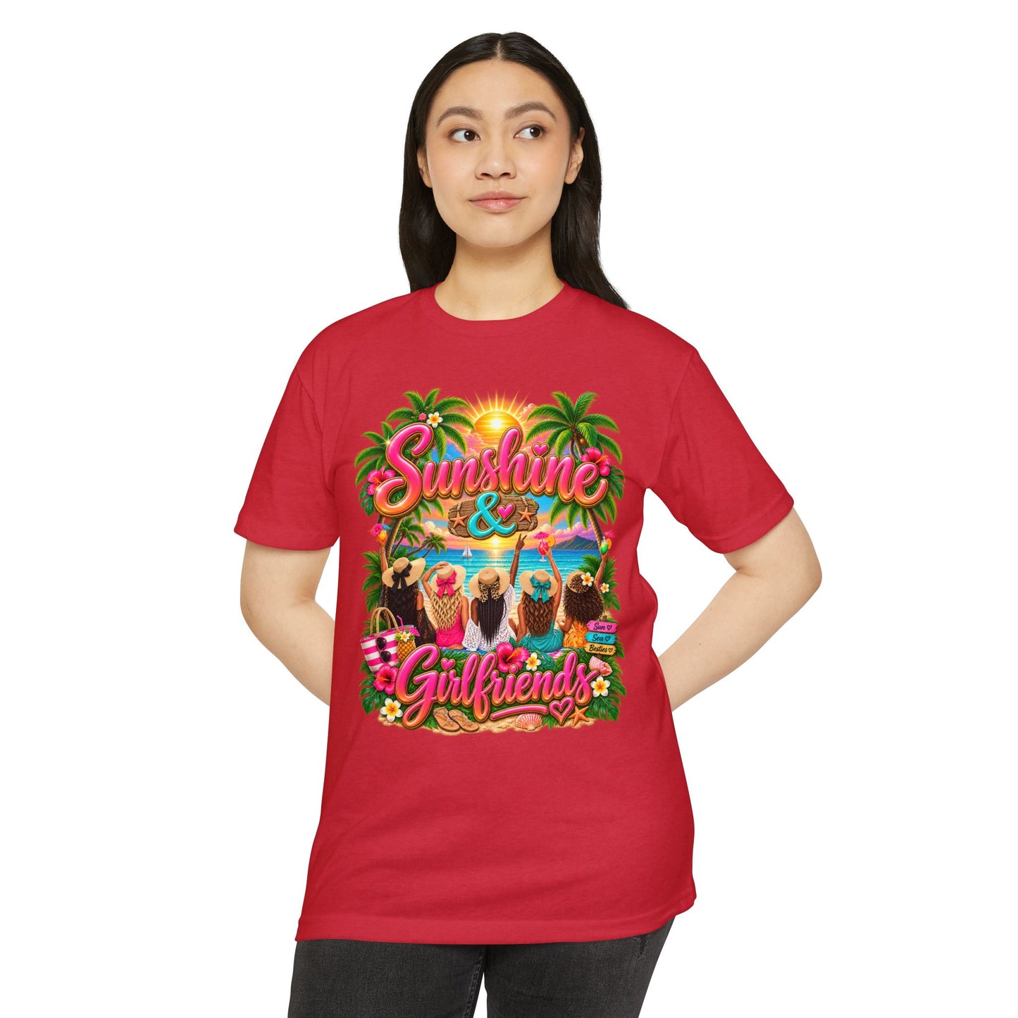 Sunshine & Girlfriends Beach T-Shirt — Tropical Vacation Tee for Friends