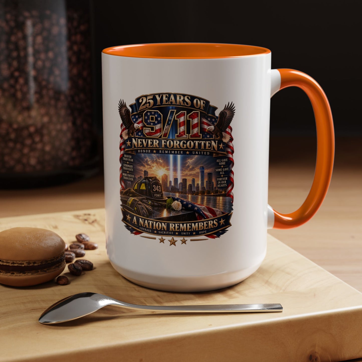 9/11 Memorial Coffee Mug — "25 Years of Never Forgotten" Patriot Tribute