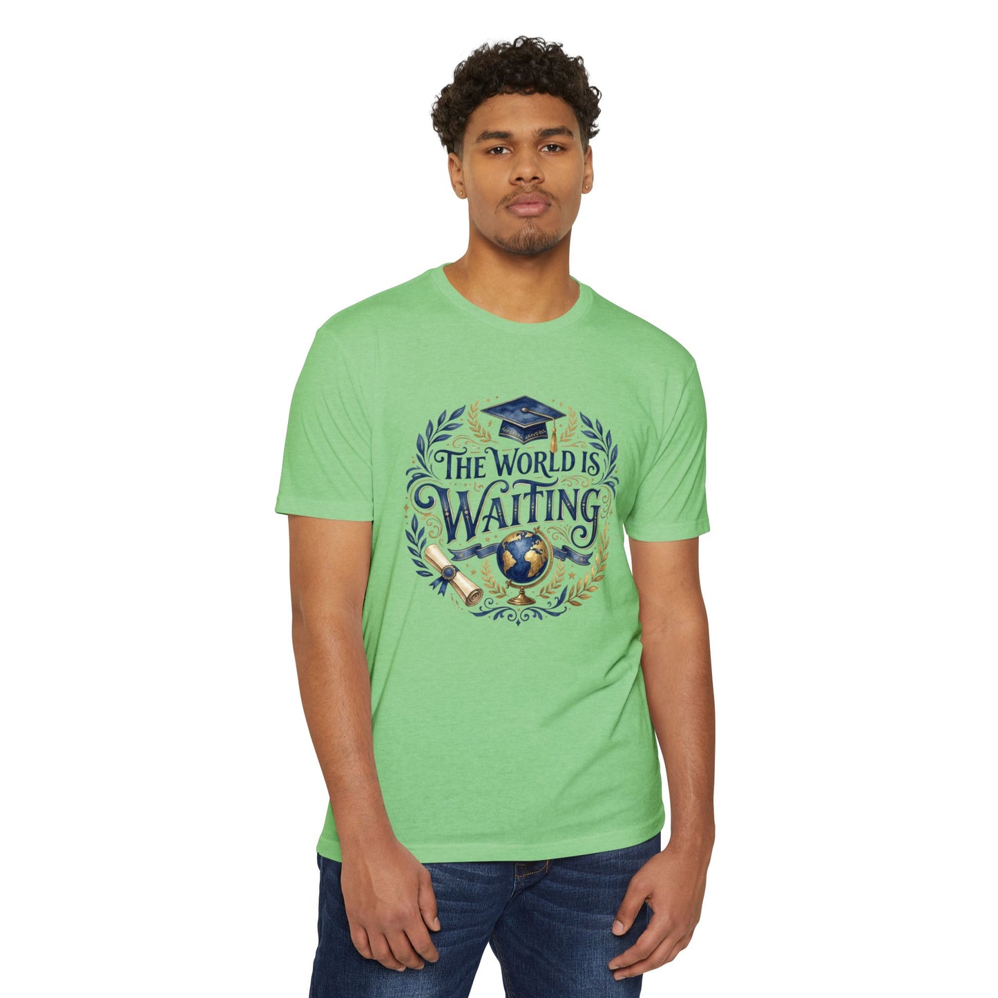 Graduation T-Shirt - "The World Is Waiting" Cap & Globe Design