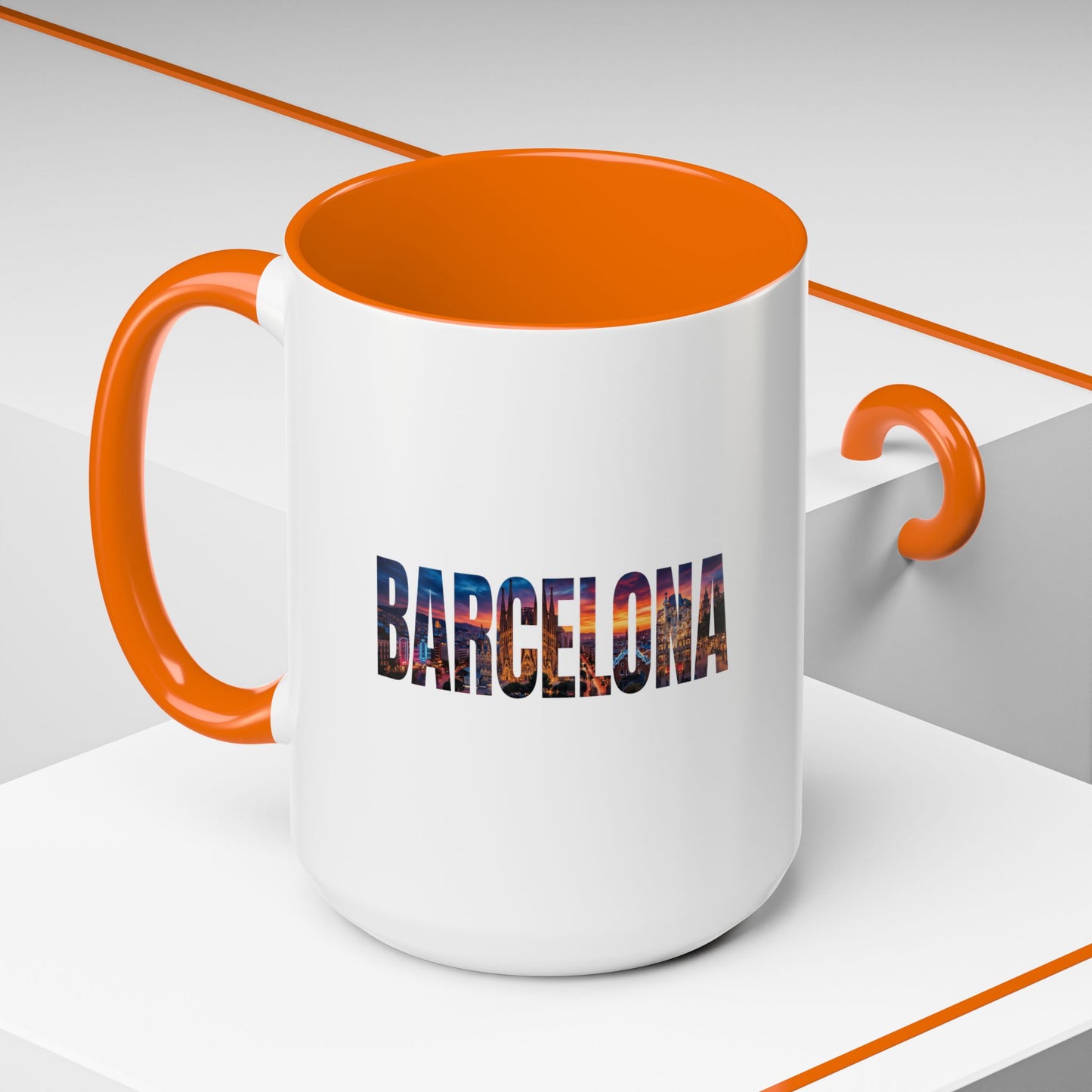 Barcelona Accent Coffee Mug — Scenic Cityscape Text Travel Souvenir (11/15oz)