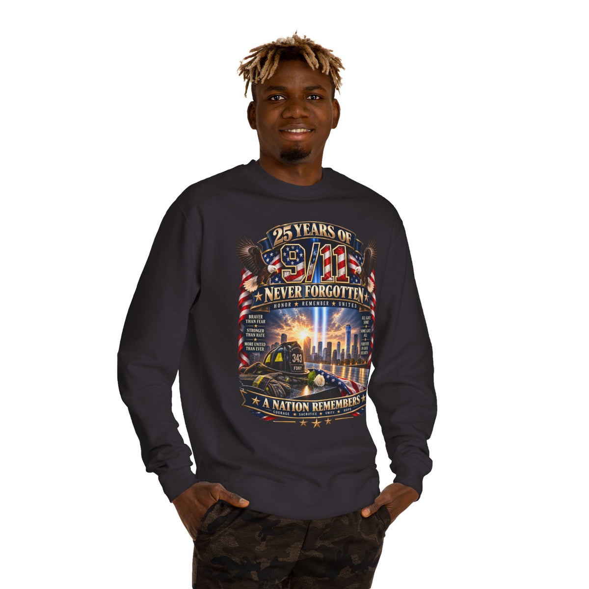 9/11 Memorial Sweatshirt — "25 Years of 9/11 Never Forgotten" Tribute Crewneck