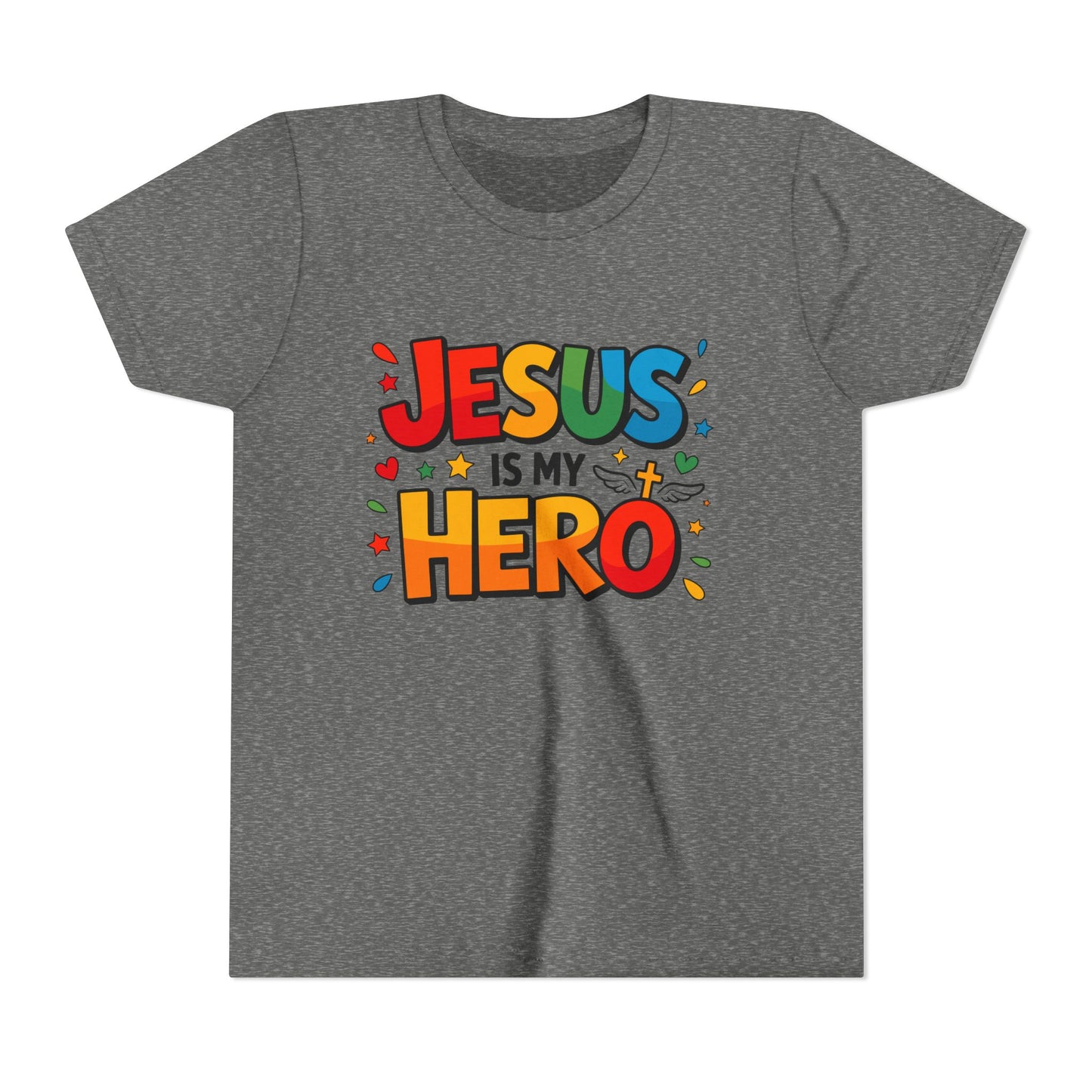 Youth Tee — "Jesus Is My Hero" Colorful Kids Christian T-Shirt