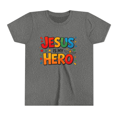 Youth Tee — "Jesus Is My Hero" Colorful Kids Christian T-Shirt