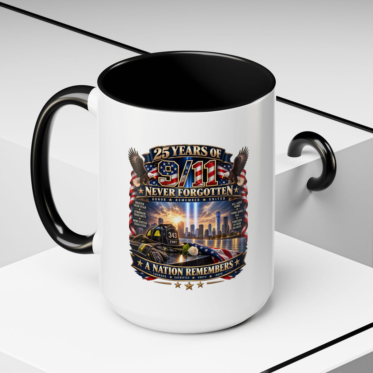 9/11 Memorial Coffee Mug — "25 Years of Never Forgotten" Patriot Tribute