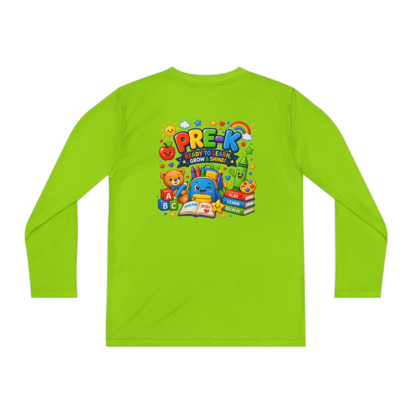 PRE-K Kids Long Sleeve Tee — Back-to-School Preschool Shirt ("Ready to Learn, Grow & Shine")