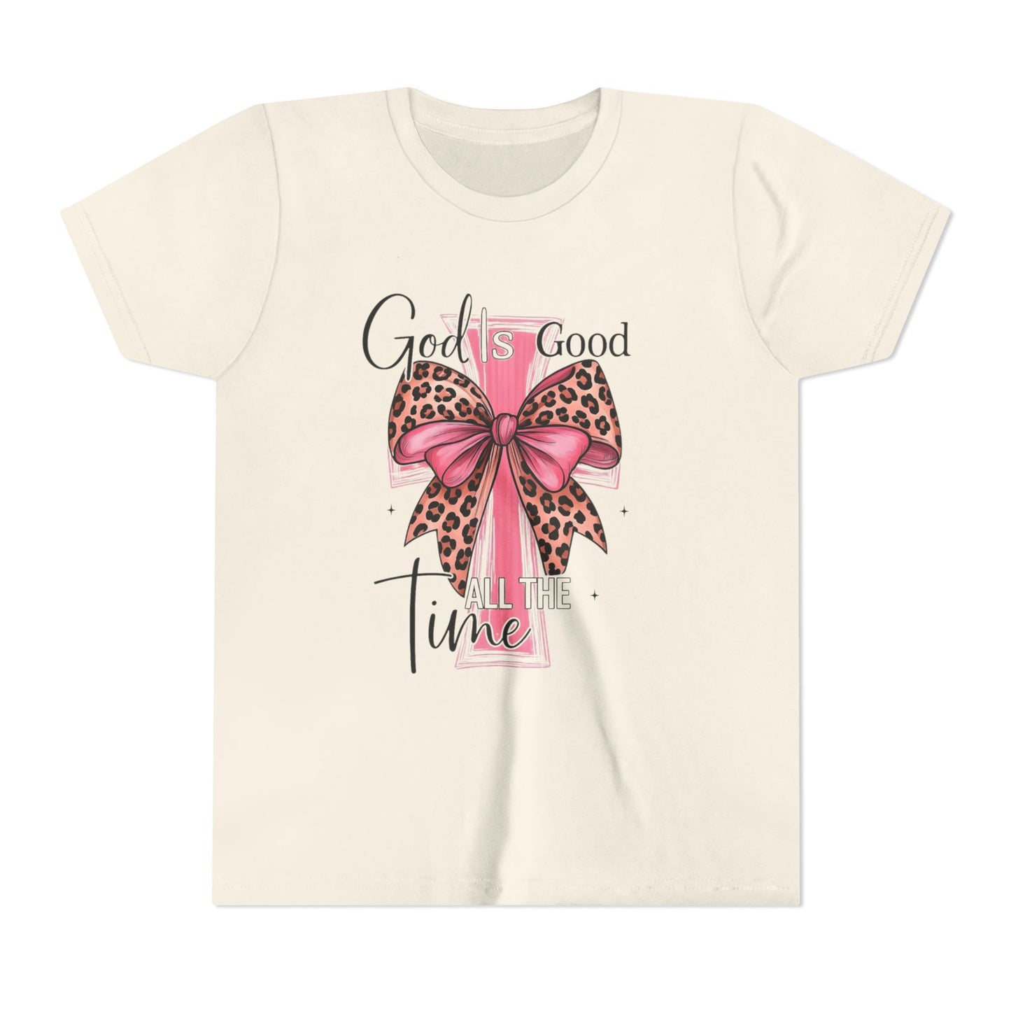 Youth Tee — "God is Good All the Time" Pink Cross with Leopard Bow