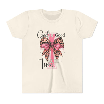 Youth Tee — "God is Good All the Time" Pink Cross with Leopard Bow