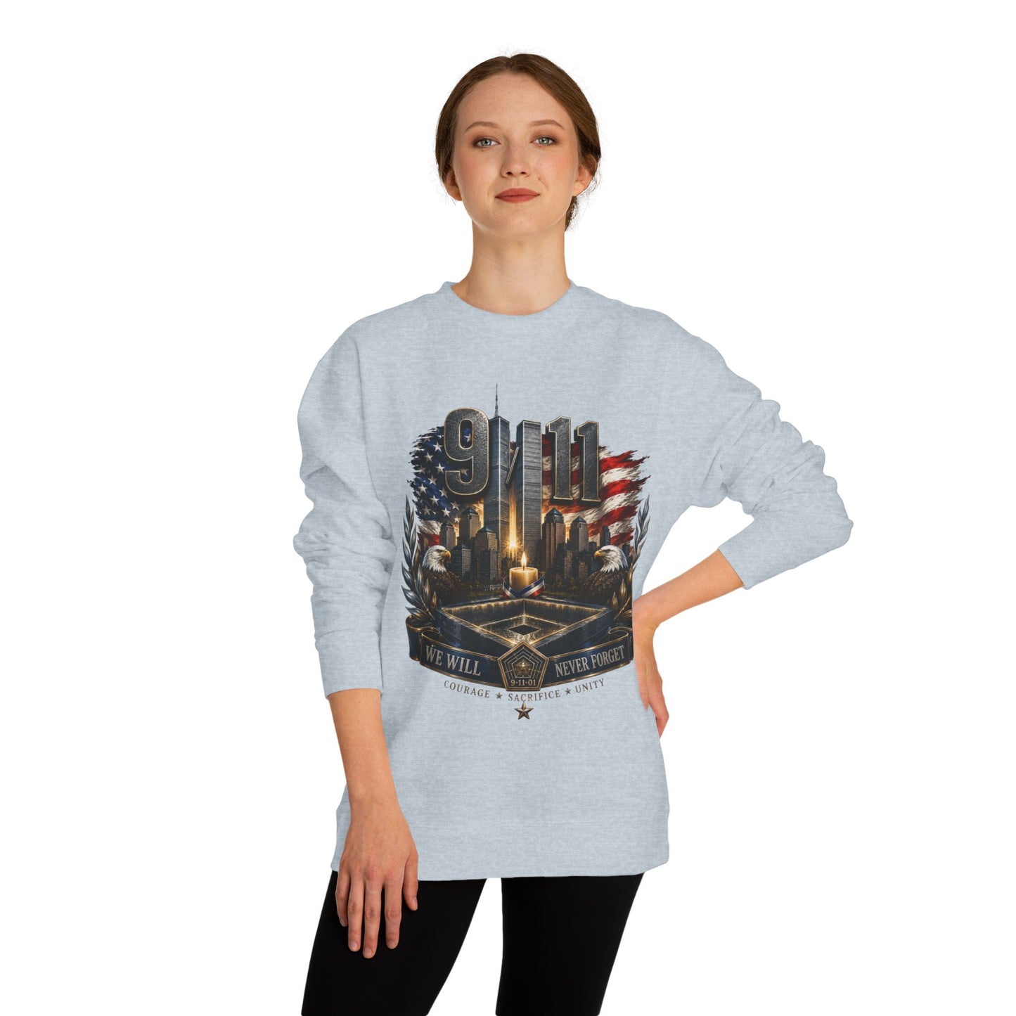 9/11 Memorial Crewneck Sweatshirt — We Will Never Forget Tribute