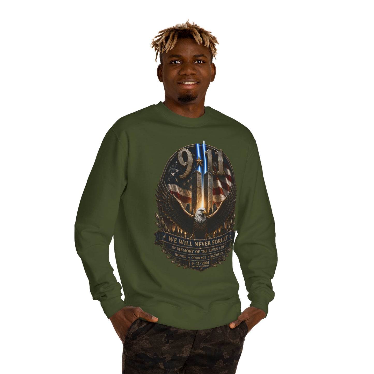 9/11 Memorial Sweatshirt — We Will Never Forget Tribute Crewneck