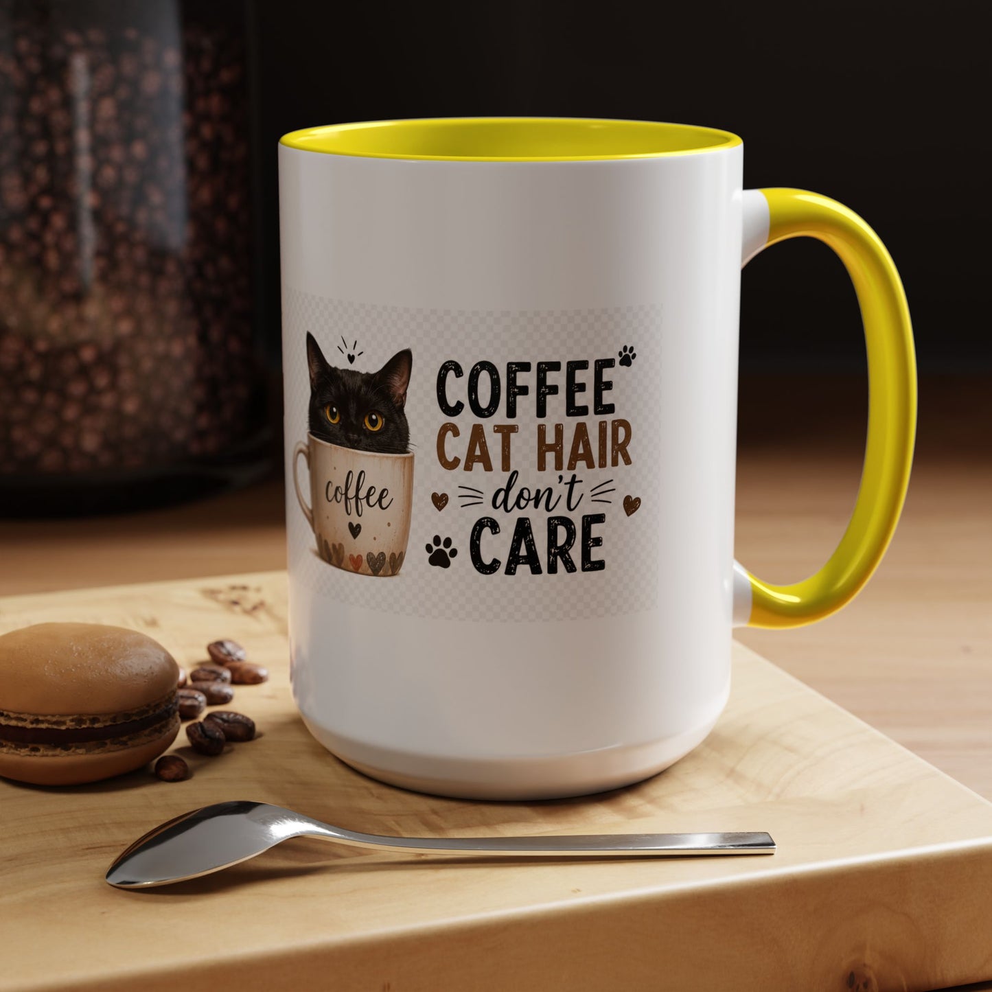 Coffee & Cat Hair Mug — "Coffee, Cat Hair, Don't Care" Accent Ceramic Coffee Mug (11/15oz)