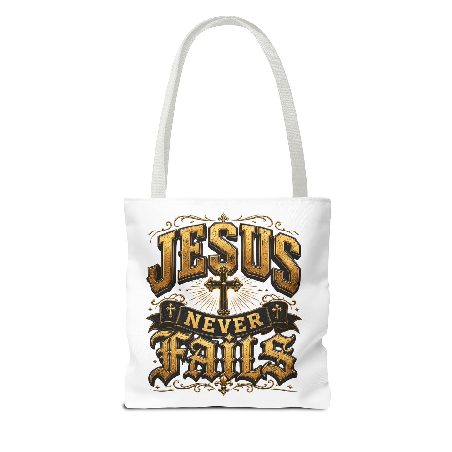 Jesus Never Fails Tote Bag — Christian Faith AOP Canvas Tote