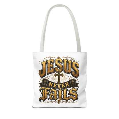 Jesus Never Fails Tote Bag — Christian Faith AOP Canvas Tote