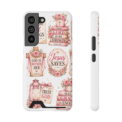 Christian Floral Phone Case with Card Holder — 'Jesus Saves' Inspirational Design