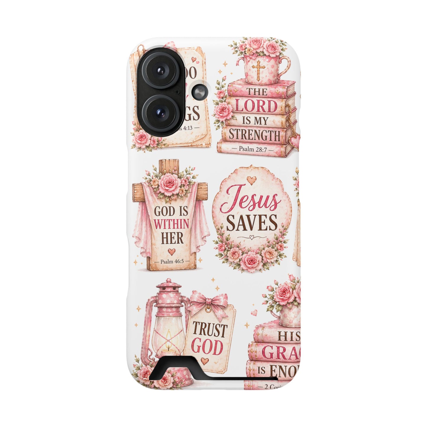 Christian Floral Phone Case with Card Holder — 'Jesus Saves' Inspirational Design
