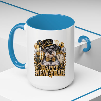 Happy New Year Dog Coffee Mug — Festive Black & Gold 11/15oz Accent Mug