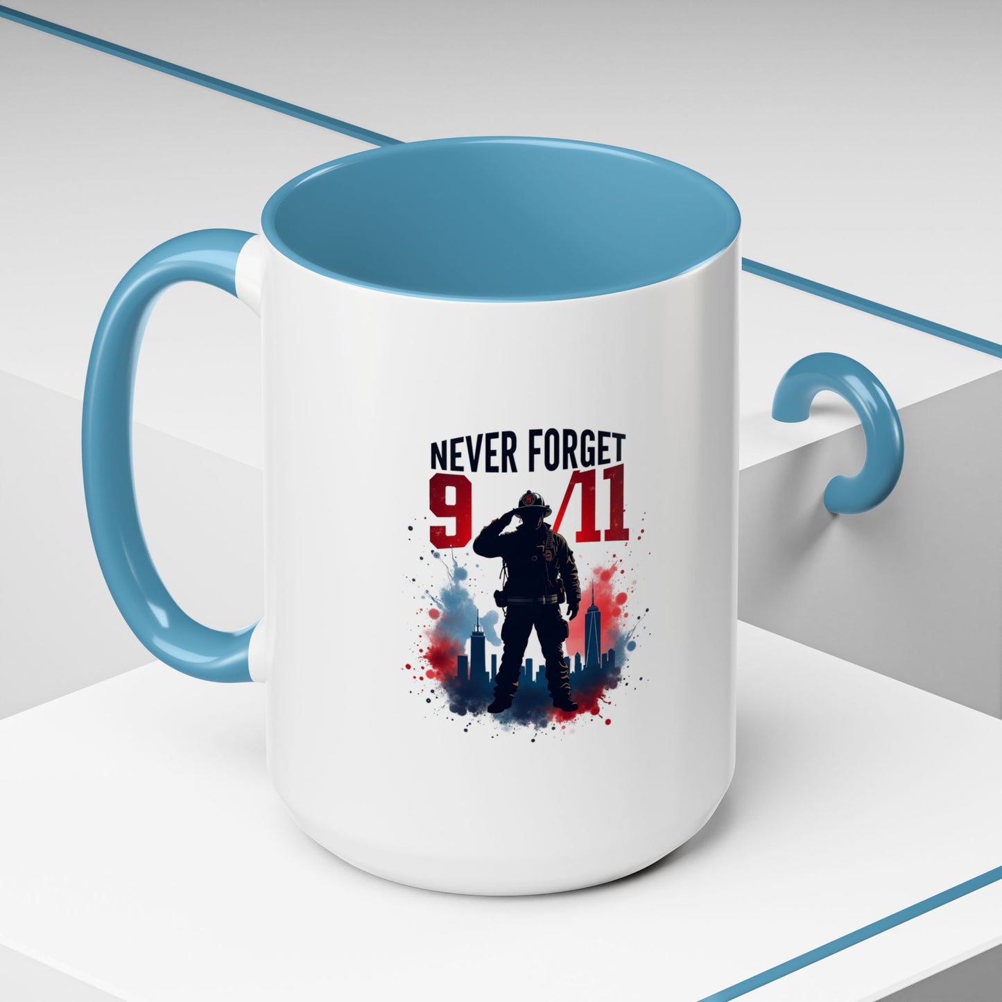 Never Forget 9/11 Accent Coffee Mug — Patriotic Memorial Tribute (11oz, 15oz)