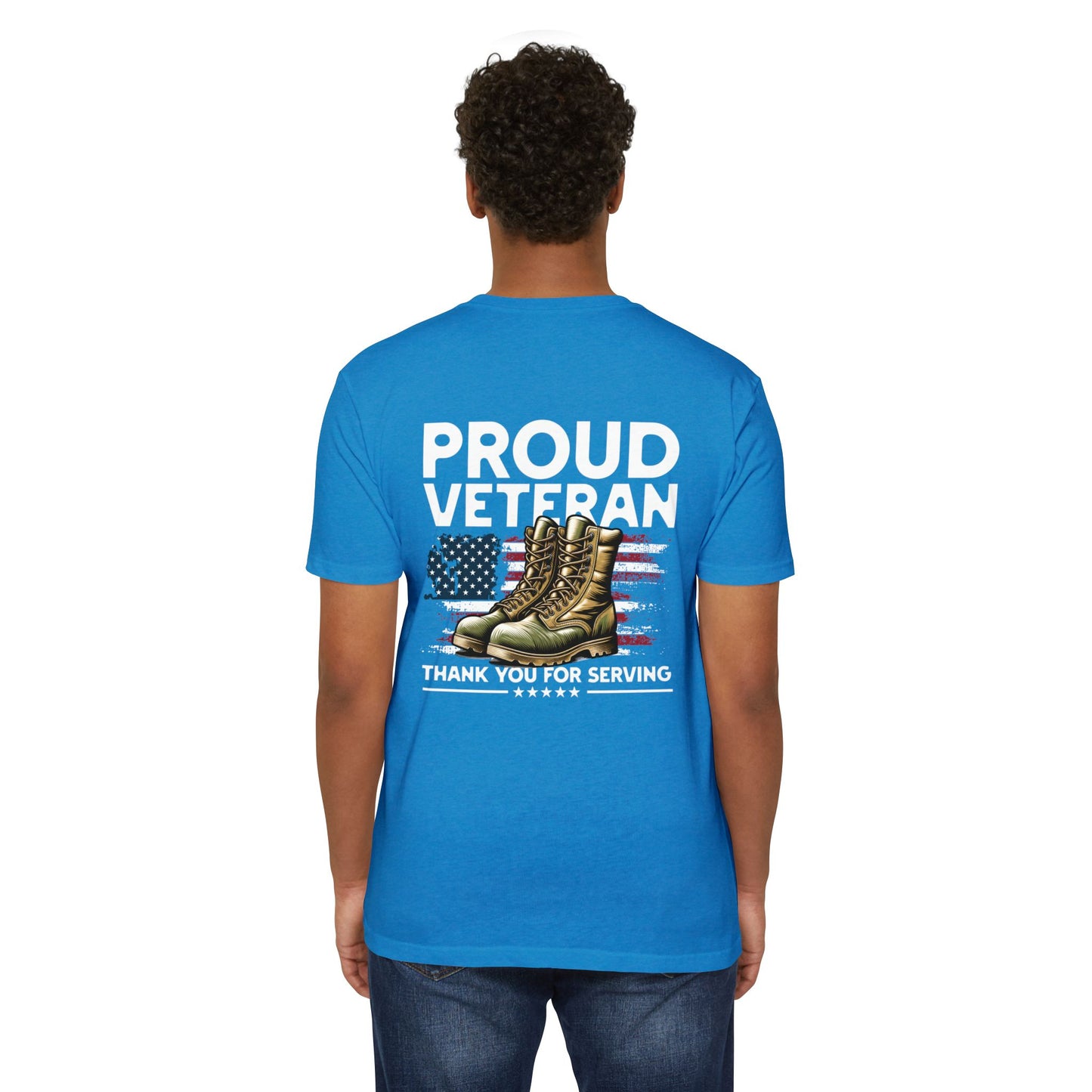 Proud Veteran T-Shirt — "Proud Veteran" with Military Boots & American Flag — Thank You for Serving