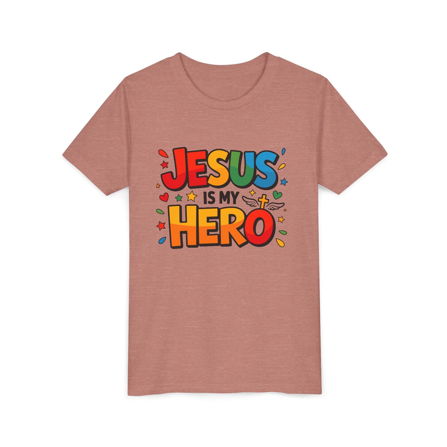 Youth Tee — "Jesus Is My Hero" Colorful Kids Christian T-Shirt