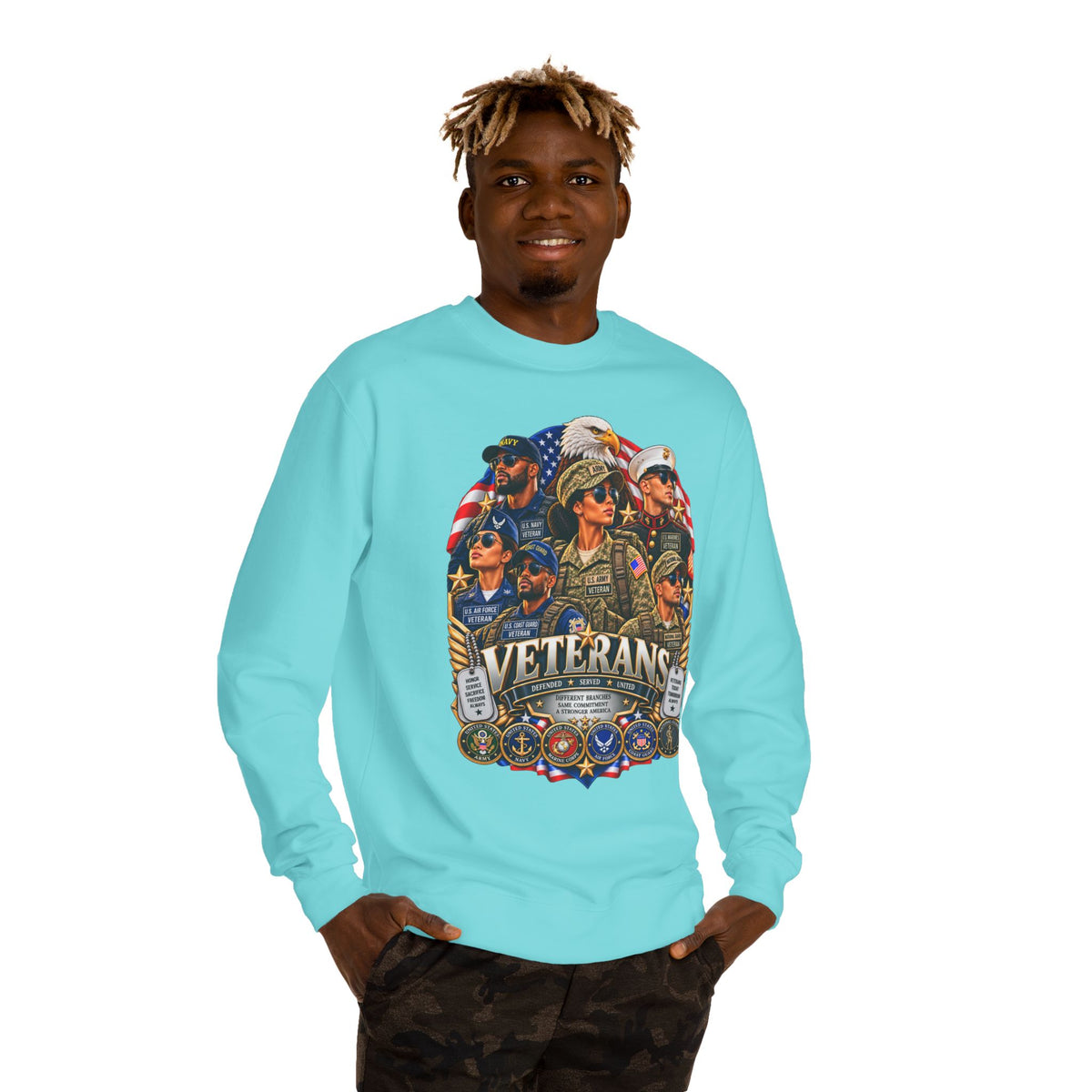 Veterans Tribute Sweatshirt — Patriotic Military Emblems & Eagle Crewneck