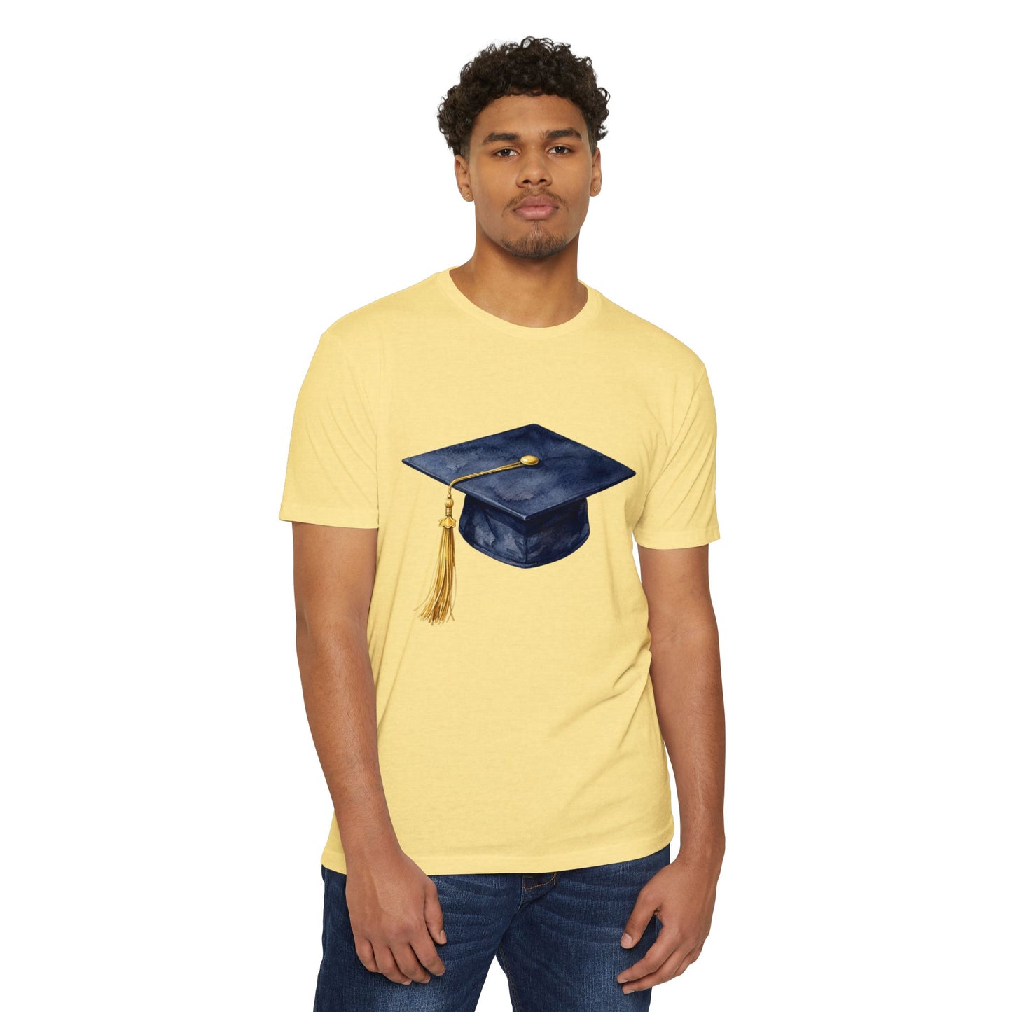 Graduation Cap T-Shirt — Navy Mortarboard with Gold Tassel