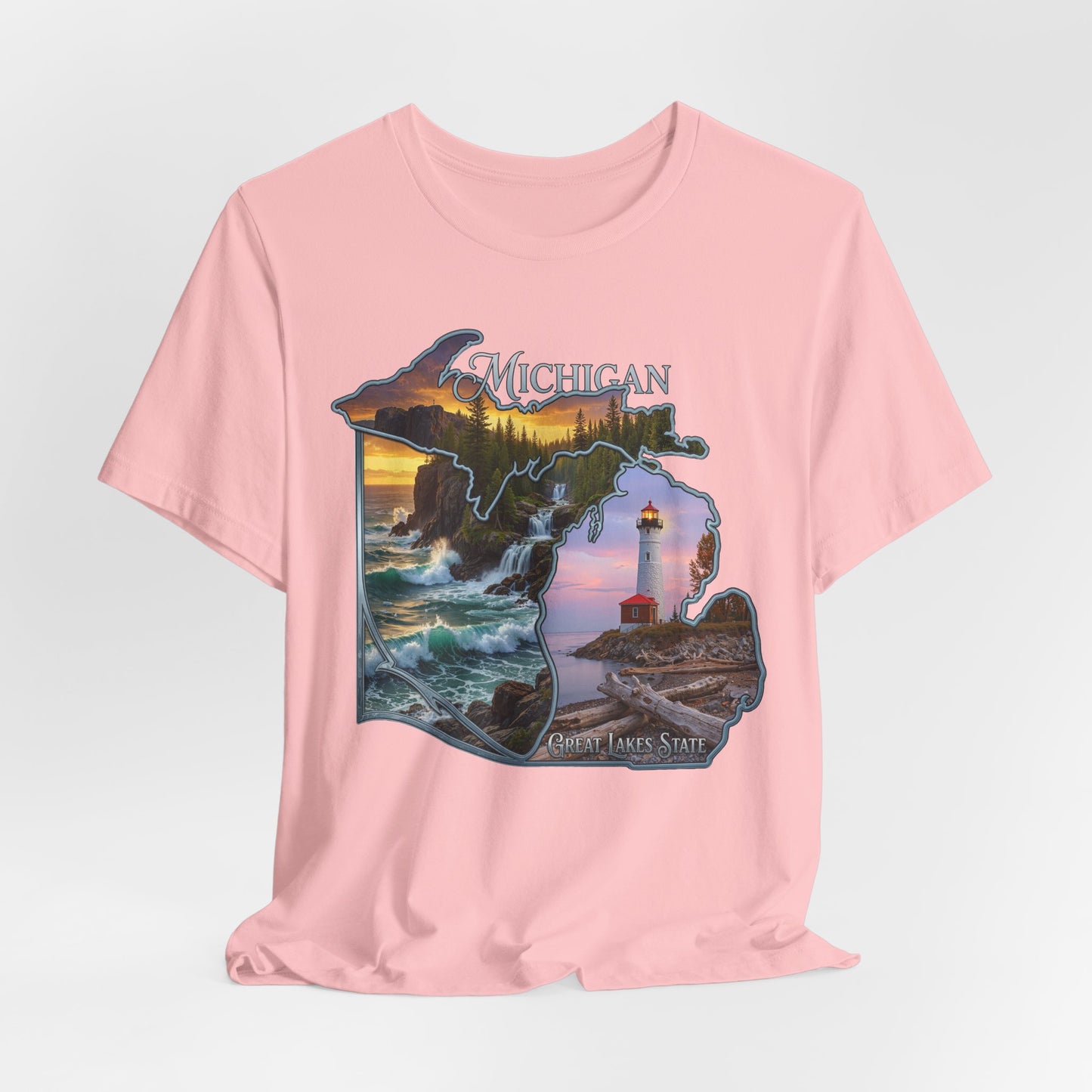 Michigan Scenic Map T-Shirt — Great Lakes Lighthouse Sunset Tee