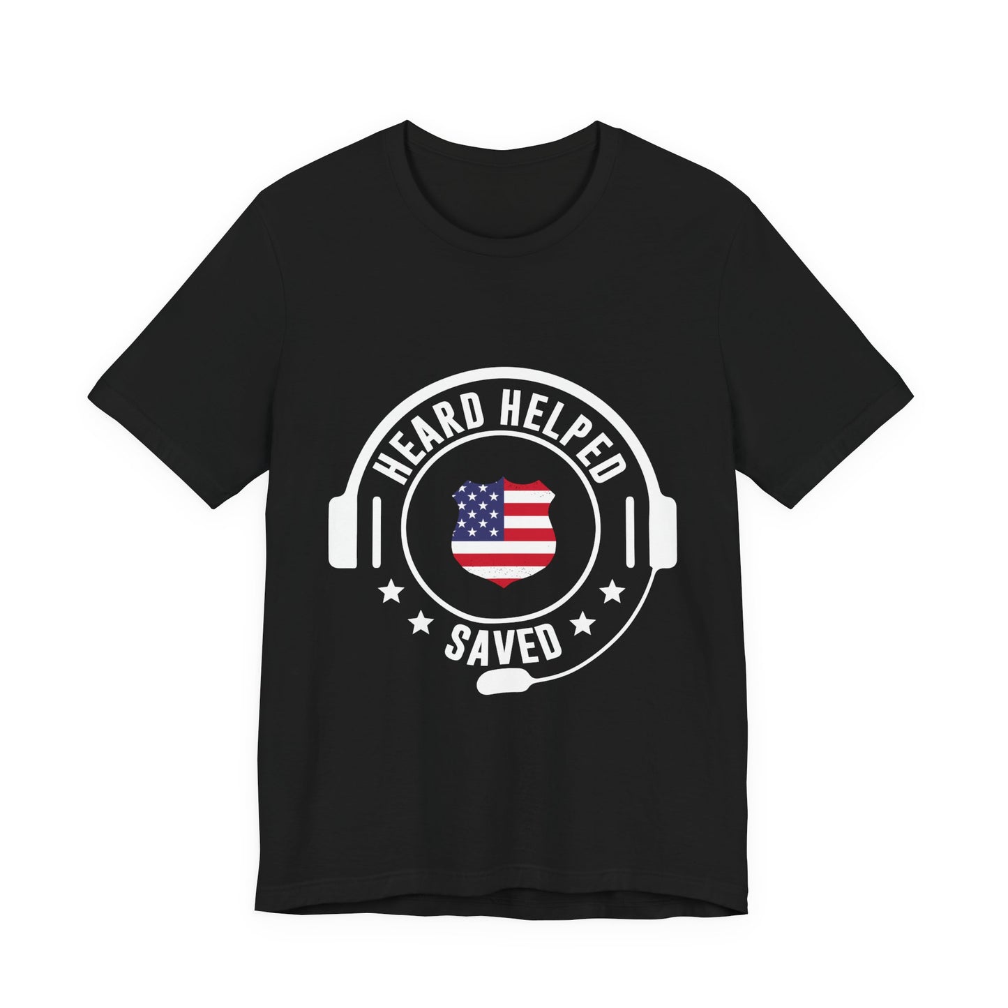 Headset Logo T-Shirt — "Heard Helped Saved" American Flag Design