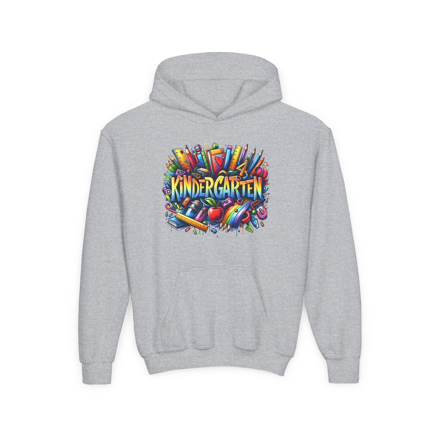 Kindergarten Kids Hoodie — Colorful School Supplies Back-to-School Sweatshirt