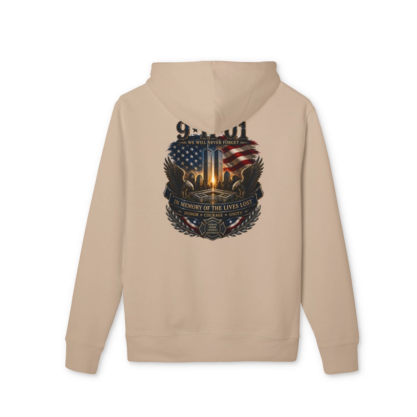 9/11 Memorial Hoodie — Twin Towers Tribute with American Flag