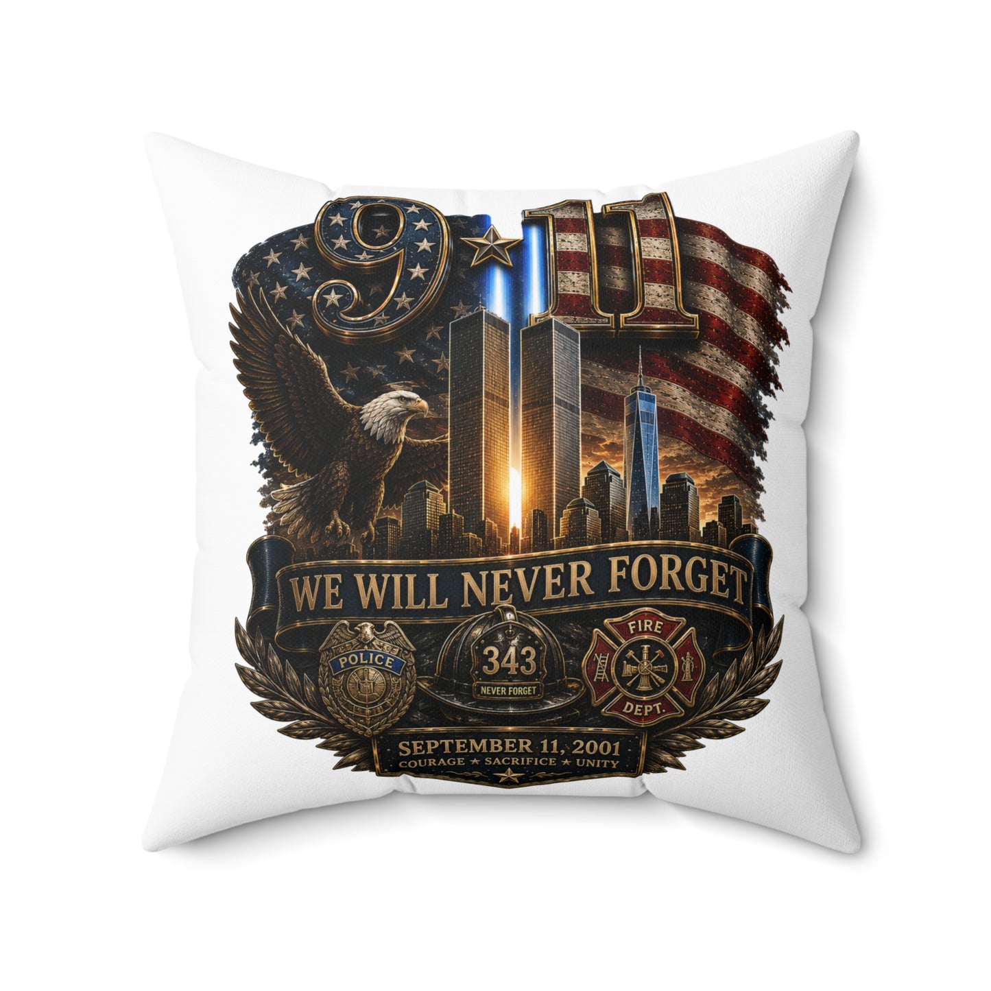 9/11 Memorial Square Pillow — "We Will Never Forget" Tribute