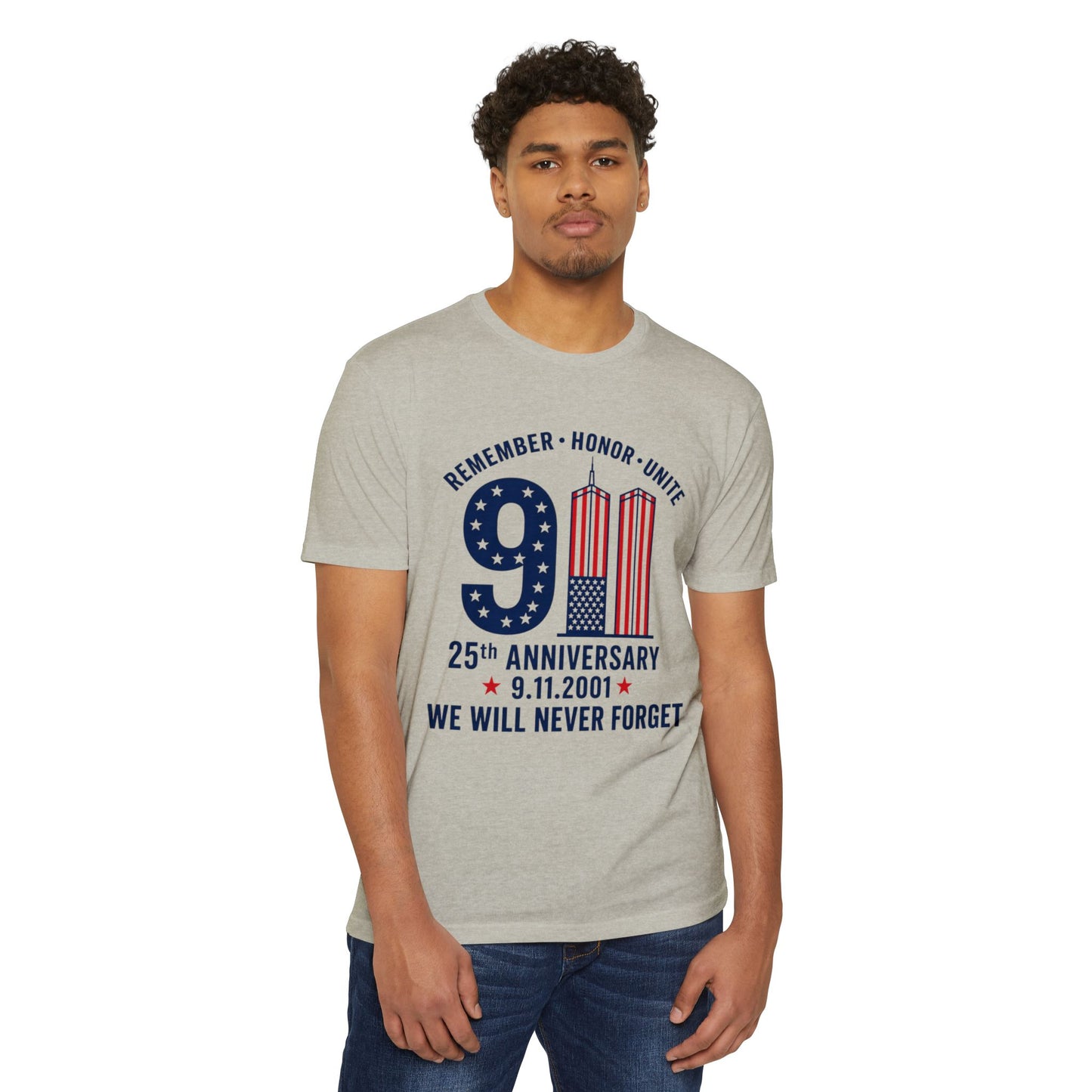 9/11 Memorial T-Shirt – "Remember Honor Unite" 25th Anniversary We Will Never Forget