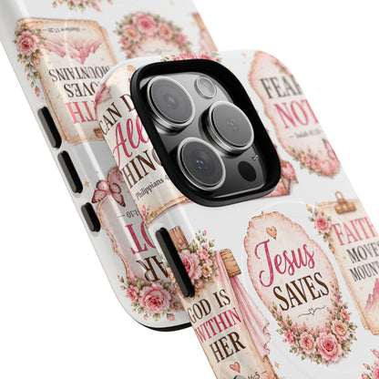 Christian Faith iPhone Tough Magnetic Case — 'Jesus Saves' Floral Scripture Design (Fear Not, Faith Moves Mountains)