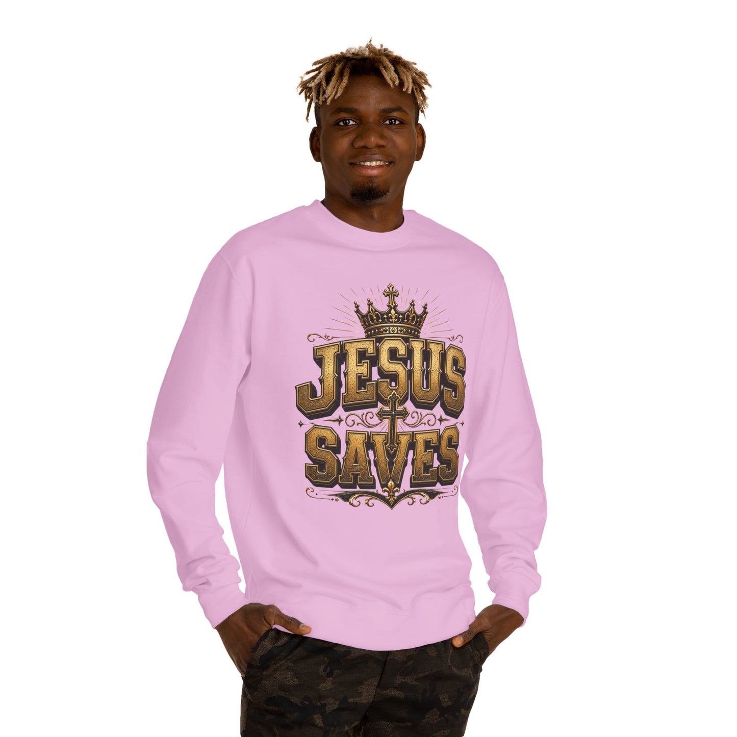 Jesus Saves Sweatshirt — Christian Faith Crewneck with Crown & Cross Design