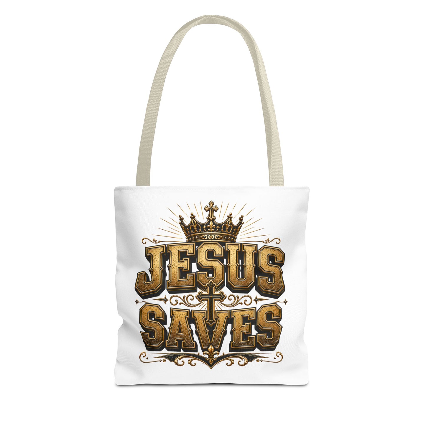 Jesus Saves Tote Bag — Christian Gospel Canvas Carryall with Crown & Cross Design