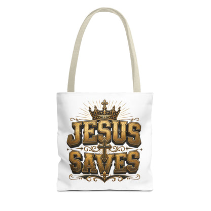 Jesus Saves Tote Bag — Christian Gospel Canvas Carryall with Crown & Cross Design