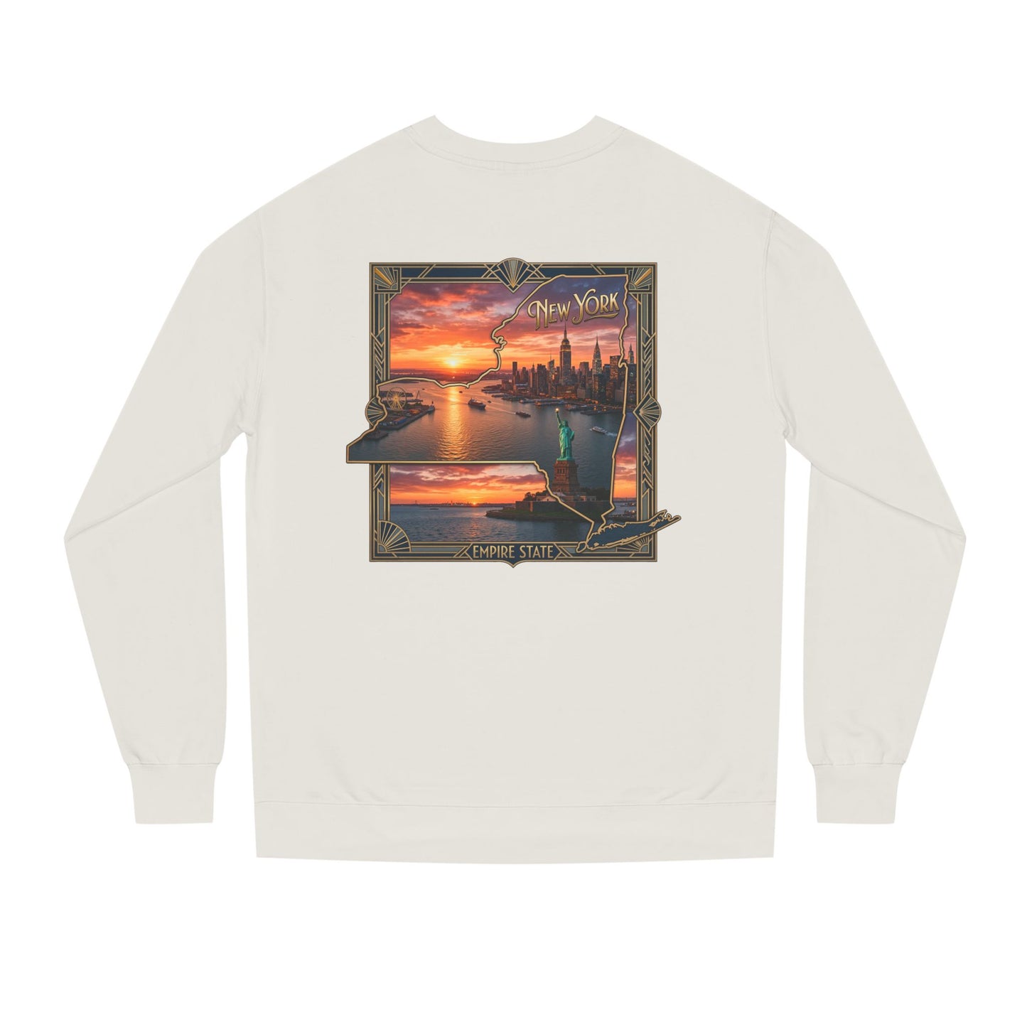 New York Sunset Crewneck Sweatshirt — Statue of Liberty Skyline Graphic