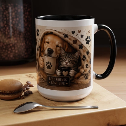 Dog and Cat Coffee Mug – "Best Friends, Best Life" Accent Tea Cup (11/15oz)