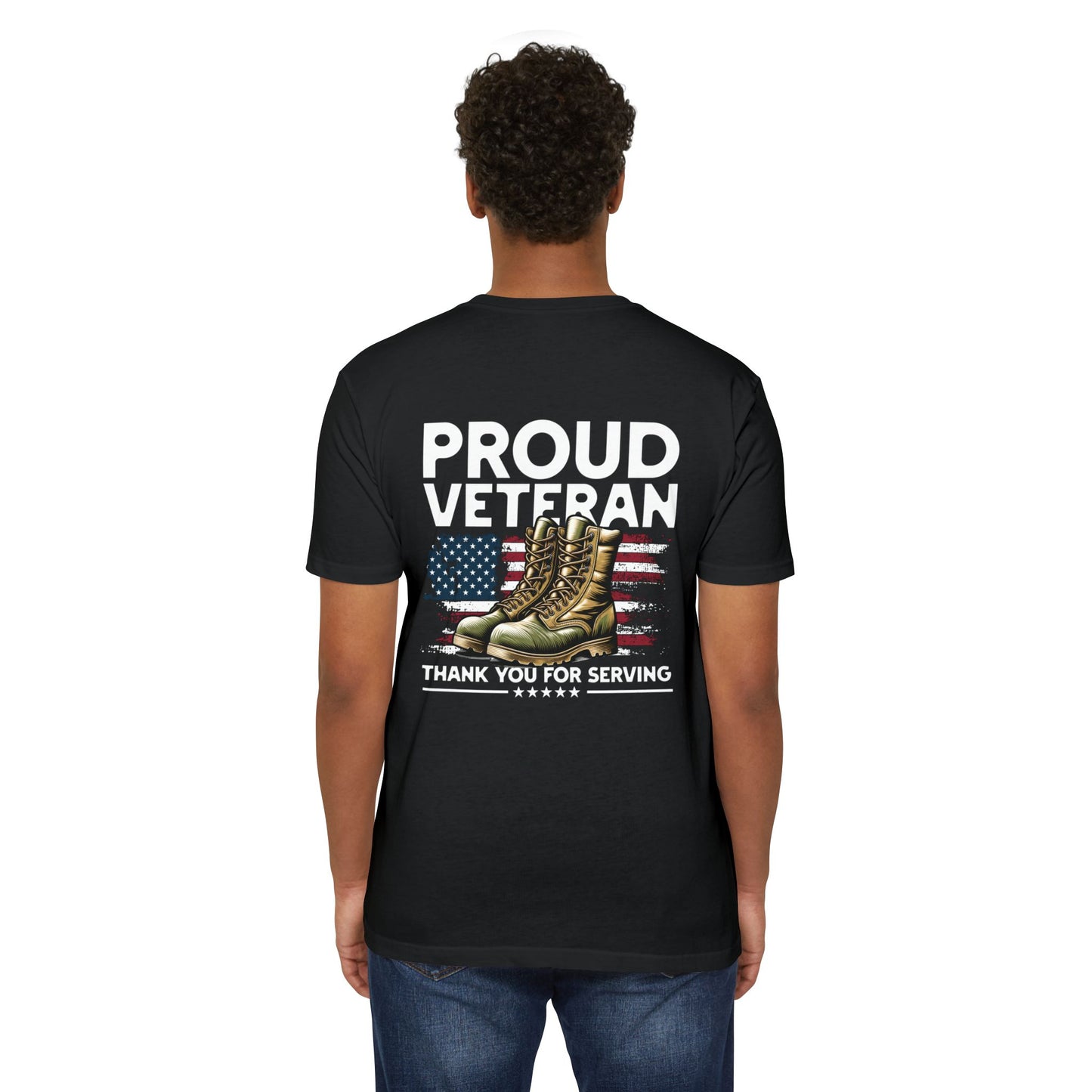 Proud Veteran T-Shirt — "Proud Veteran" with Military Boots & American Flag — Thank You for Serving